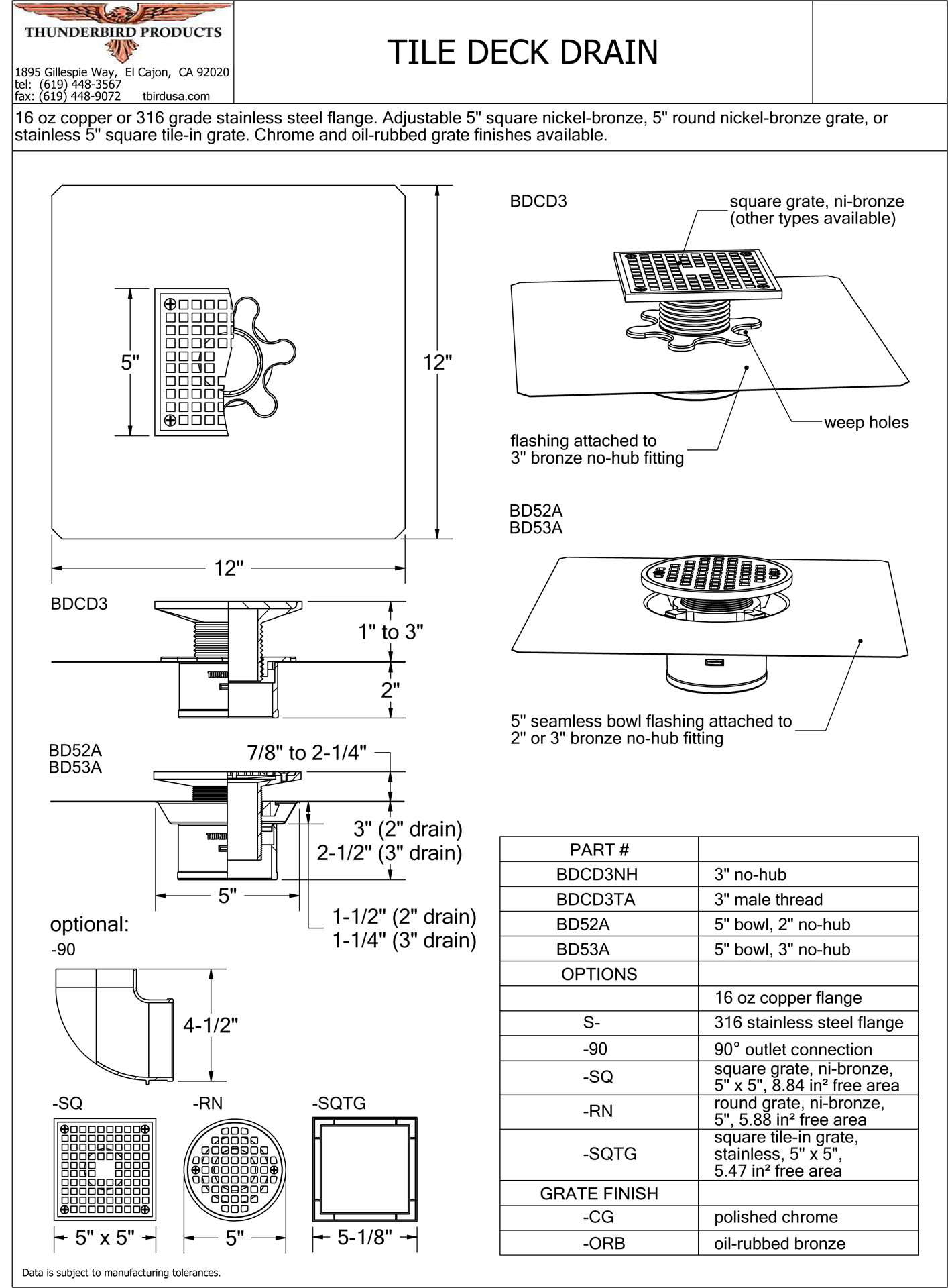 Stainless Steel Adjustable Tile Deck Drain | Thunderbird Products