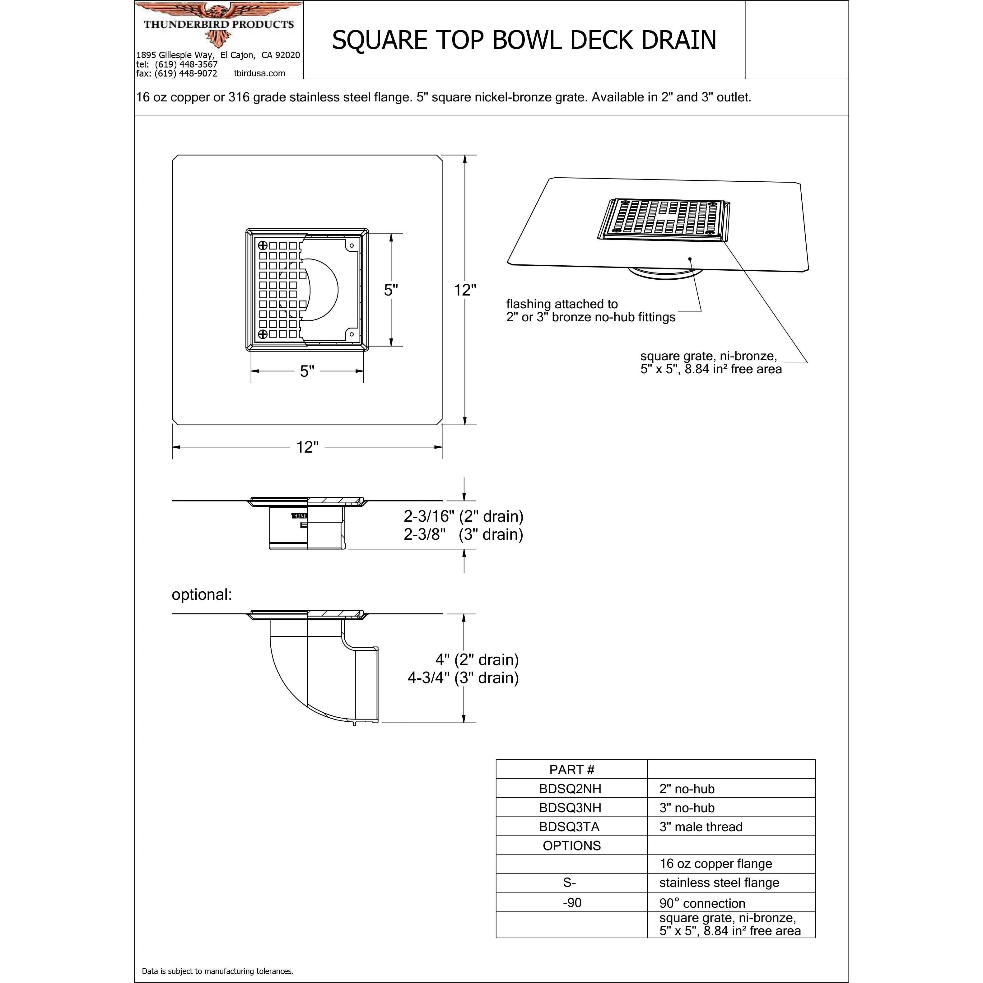 Square Top Bowl Deck Drain | Thunderbird Products